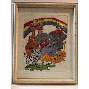 Noah’s Ark Framed Canvas Counted Cross Stitch Wall Hanging Nursery Bedroom Decor